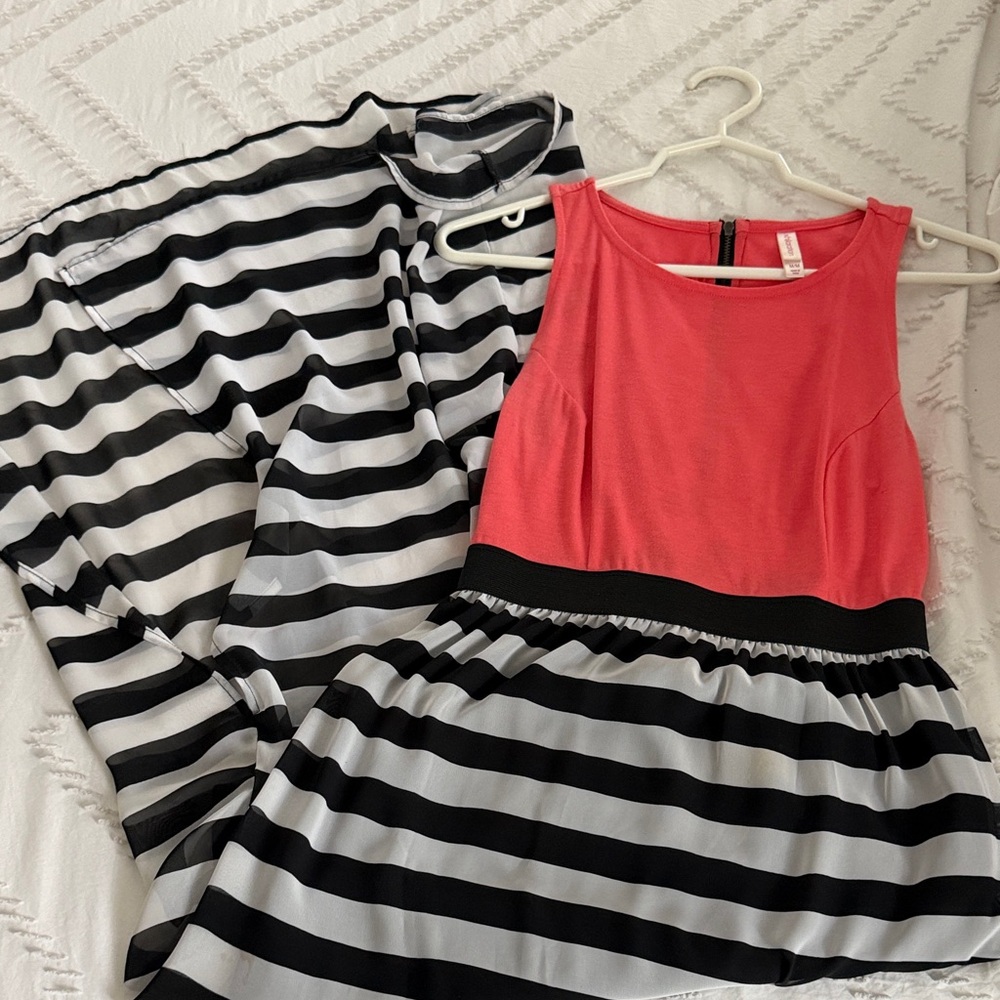 GUC Coral and Black White Striped Womens Maxi Lined Dress  Xhilaration M